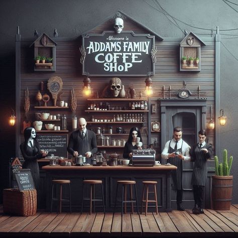 Gothic Coffee Shop Aesthetic, Break Room Ideas, Coffee Ideas, Coffee Shop Aesthetic, Silver Sage, Shop Aesthetic, Coffeehouse, Break Room, Bar Ideas