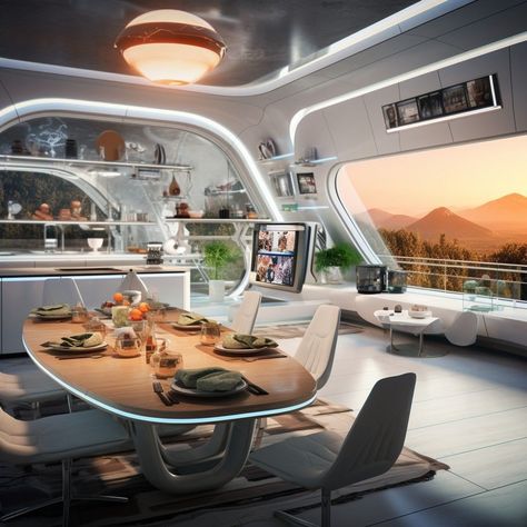 Scifi Kitchen, Studio Apartment Modern, Futuristic Cafe, Futuristic Dining Room, Futuristic Room Design, Playful Interior Design, Futuristic Architecture Home, Sci Fi Interior Design, Cyberpunk Interior Design