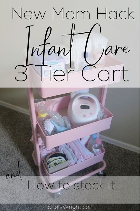 Use a 3 tier craft cart to keep your baby supplies organized. Great to keep breastfeeding and diapering supplies within arms reach Nursery 3 Tier Cart, Baby Carts Organization, Nursing Cart Organizer Ideas, 3 Tier Cart Post Partum, Nursery Caddy Cart, Pumping Station Cart, 3 Tier Rolling Cart Ideas Baby, Baby Cart Organizer, 3 Tier Cart Organization Baby