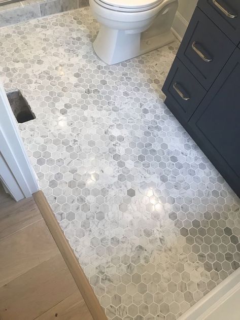 Powder Room Mosaic Tile Floor, Powder Room Flooring Ideas Tile, Marble Tile Wall Bathroom, Bathroom Shower Tile And Floor Ideas, Marble Honeycomb Tile Bathroom, Marble And Mosaic Bathroom, Hexagon Marble Floor Bathroom, Bathroom Flooring Ideas Not Tile, Gray Marble Floor Bathroom