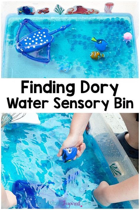 Ocean Theme Preschool Activities, Water Sensory Bin, Ocean Sensory Bin, Disney Lessons, Finding Dory Birthday Party, Ocean Sensory, Dory Birthday Party, Finding Dory Party, Ocean Craft