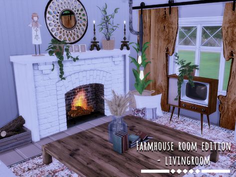 Sims 4 Farmhouse Living Room, Farmhouse Room, Room Set, Modern Farmhouse, Sims 4, Farmhouse, Fireplace, Living Room, Home Decor