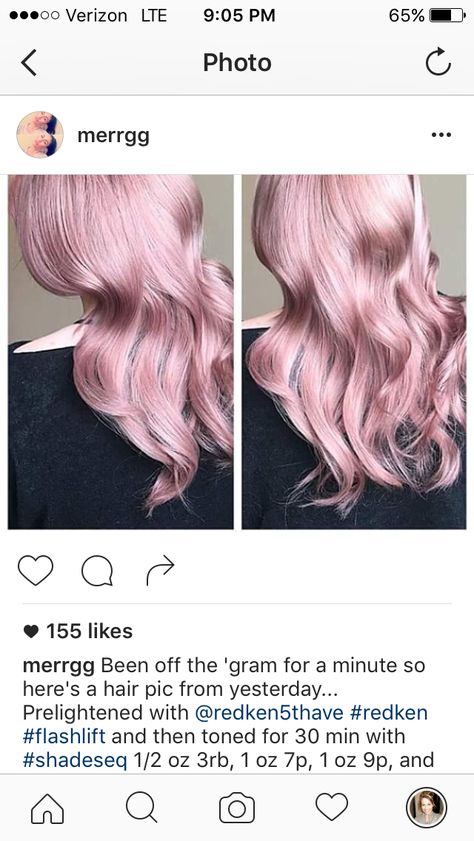 Pastel Pink hair... Redken Pink Formula, Shades Eq Pink Formula, Redken Pink Shades Eq, Shades Eq Pastel Pink, Redken Shades Eq Pastel Pink, Shades Eq Pastel Peach, Pink Hair Toner, Muted Pink Hair Color, Pastel Pink Hair Formula