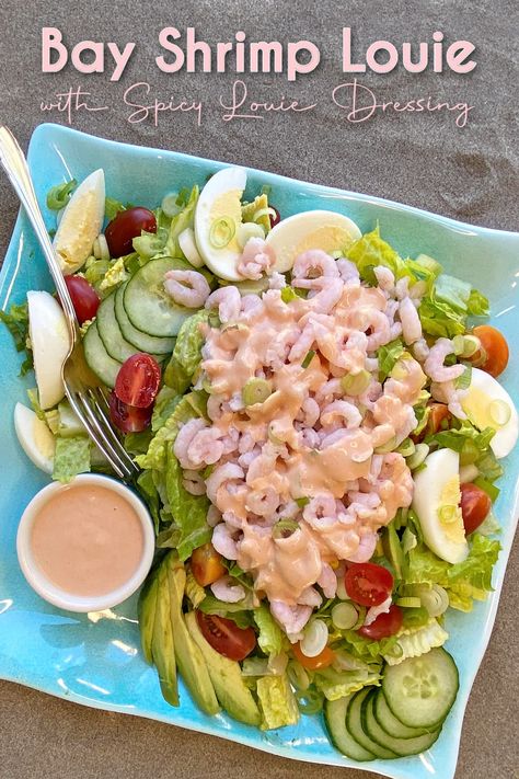 Shrimp Louie assembled on a plate with dressing on top, and more dressing on the side in a small service cup. Pin overlay reads "Bay Shrimp Salad with Spicy Louie dressing" Shrimp Louie Salad Recipe, Bay Shrimp Recipes, Seafood Louie Salad Recipe, Shrimp Louie Salad Dressing, Bay Shrimp Salad, Shrimp Louie Salad, Shrimp Louie, Shrimp Salad Sandwich, Ww Salads