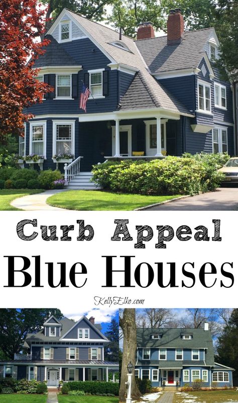 Dark Blue Siding House White Trim, Navy Blue House Landscaping, Navy Blue House White Trim, Shutter Colors For Blue House, Blue House Curb Appeal, Landscaping Blue House, Navy Blue Houses With White Trim, Dark Blue Houses With White Trim, Blue House Paint Colors