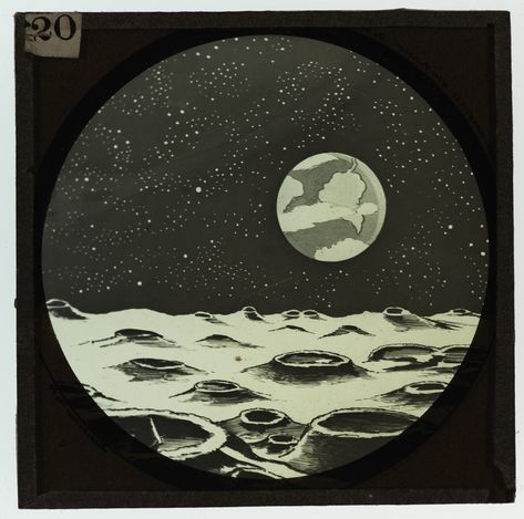 Illustrated round image of surface of moon with view of Earth in distance surrounded by stars. Details of craters of moon visible in foreground. Positive lantern slide by Clement Lindley Wragge (1852-1922). No known copyright restrictions. #space #galactic #scifi #scifiretro #cosmos #outerspace Drawing Of Moon, Moon Surface, Memorial Museum, Outer Space, Web App, Cosmos, Sci Fi, Moon, Stars