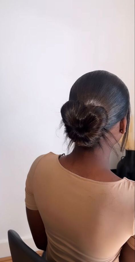 Natural Slick Back Bun, V Part Slick Back Bun, Silk Press Bun, Slick Bun Outfit, Silk Bun, Slick Hairstyles Natural Hair, Slick Bun Hairstyles, Sleek Back Bun, Sleek Bun Hairstyles