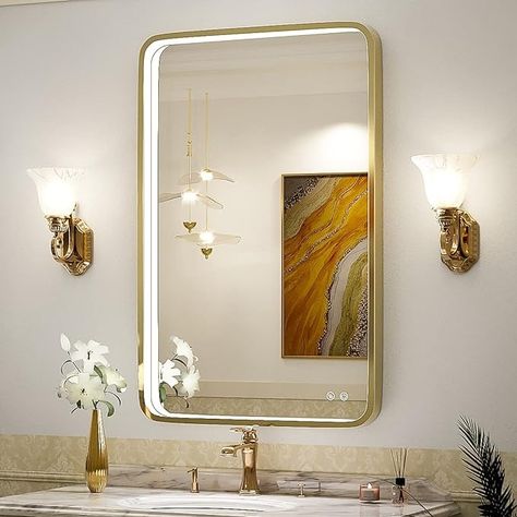 Amazon.com: FTOTI 24x36 Inch LED Bathroom Vanity Mirror with lights,Wall Mounted Lighted Mirrors with Non-Rusting Gold Metal Frame Anti-Fog Memory Funtion Stepless Dimmable for Bathroom Decor(Horizontal&Vertical) : Home & Kitchen Master Bath Mirror, Fogless Mirror, Lighted Mirrors, Vanity Mirror With Lights, Gold Frame Wall, Bathroom Mirror Lights, Lighted Vanity Mirror, Lights Wall, Led Bathroom