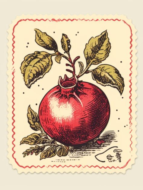 Pomegranate Stamp Tattoo, Pomegranate Illustration, Vintage Pomegranate, Pomegranate Stamp, Vintage Pomegranate Illustration, Armenian Pomegranate, Pomegranate Pictures, Armenian Pomegranate Art, Pomegranate Branch Illustration