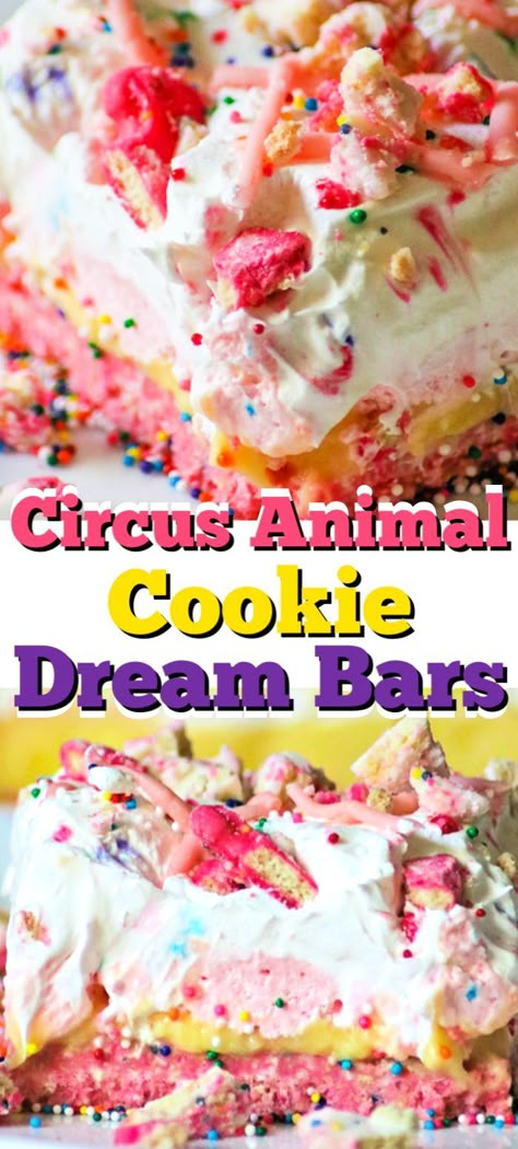 Circus Cookie Desserts, Circus Animal Cookie Cheesecake, Animal Cookies Recipe, Cookout Foods, Pudding And Cool Whip, Cracker Dessert, Easy Bar Recipes, Circus Animal Cookie, Dream Bars