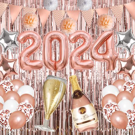 PRICES MAY VARY. Great New Year Decorations: you will get a set of 42 pcs 2024 New Years eve party supplies. Our new year decoration set contains rose gold latex balloons *12, white balloons*6, rose gold confetti balloons*6, happy New Year banner*1, rose gold star foil balloons*2, silver star foil balloons*2, foil bottles balloon*1, foil wine balloon*1, peach paper pompoms*3, white paper pompoms*2, foil curtains*2. High Quality: 2024 New Year party decoration set is made with high quality printi Gold New Years Party, New Years Party Decorations, Gold Balloons Decorations, 2024 Banner, Happy New Year Party, Foil Number Balloons, New Year's Party Decorations, Happy New Year Banner, New Year Decorations