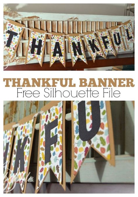 Making a pretty, paper banner is an easy, quick, and inexpensive way to add a bit of fun Fall flair to your home. Free Silhouette Cut file. | createandbabble.com Cricut Banners, Homemade Banners, Thankful Banner, Free Silhouette Files, Free Silhouette Cut Files, Thanksgiving Banner, How To Make Banners, Fall Banner, Free Silhouette