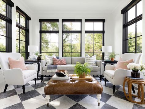 Carolina Room, Sunroom Furniture, Sunroom Ideas, Checkerboard Floor, Sunroom Decorating, Sunroom Designs, Tudor Style Homes, Black And White Tiles, This Old House