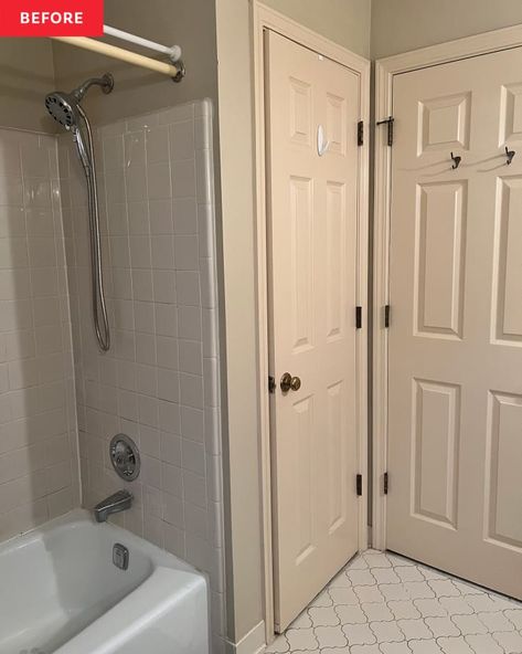 Expanding Bathroom Before And After, 90s Bathroom Update Master Bath, Bathfitters Before And After, Bathroom Before And After, Closet And Bathroom Combo, Beige Bathroom Tiles, Large Bathroom Cabinets, 1980s Bathroom, Townhouse Bathroom