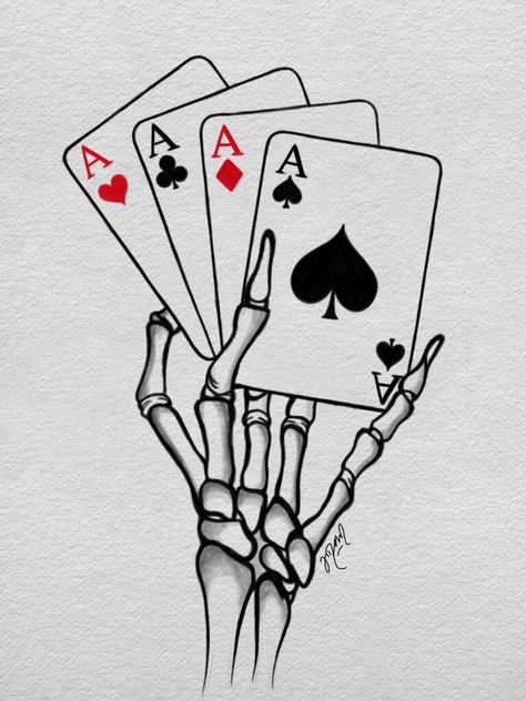 Skull Cards Tattoo, Skeleton Card Tattoo, Skeleton Hand Holding Cards Tattoo, Cards Tattoo For Men, Playing Card Drawing Ideas, Poker Cards Tattoo, Skeleton Hand Holding Cards, Poker Tattoos, Hand Holding Card