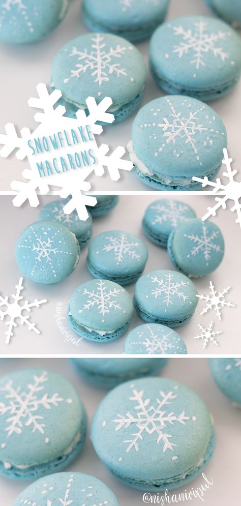 I created these fun snowflake macarons for my neighbors as a holiday gift. They were a hit! Check out my easy macaron tutorial on Youtube! :) Snowflake Macarons, Macarons Christmas, Macaron Decoration, Christmas Macarons, Wreath Snowman, Macaroon Cookies, Macaron Flavors, Santa Claws, Macaron Cookies