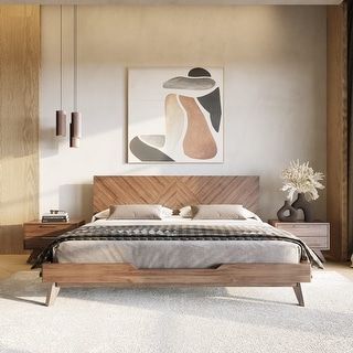 Pasadena Solid Wood Low Profile Platform Bed - On Sale - Bed Bath & Beyond - 40018086 Bed Without Box, Mid Century Bed Frame, Bed Headboard Ideas, Farmhouse Style Bedding, Mid Century Bed, Chevron Headboard, Contemporary Bedrooms, Walnut Bed, Low Profile Platform Bed