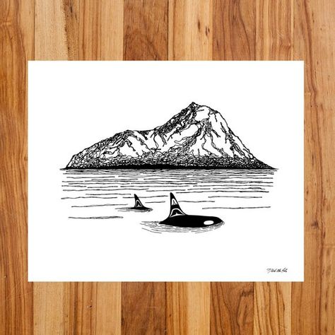 Northwest Coast Orcas Island Illustration by Native American Artist. Japanese Orca Tattoo, Orca Outline, Small Nature Tattoo, Island Illustration, Package Orders, Tree Drawings, Orca Tattoo, Island Tattoo, Whale Tattoo