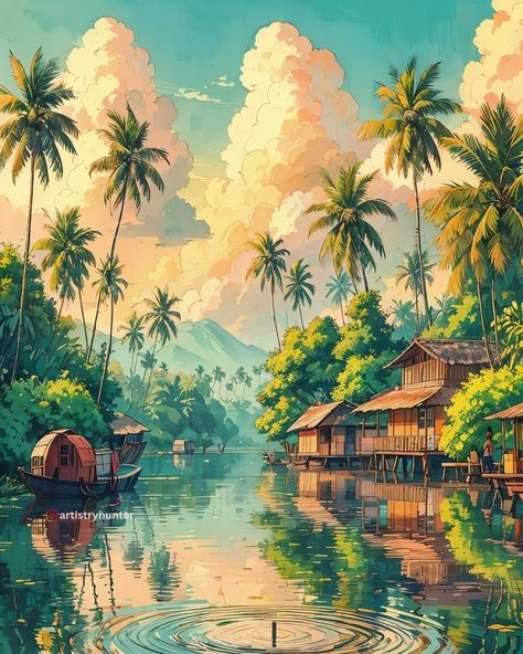 Kerala Drawing Illustrations, Kerala Landscape Painting, Kerala Background, Onam Illustration, Kerala Illustration, Kerala Poster, Kerala Drawing, Kerala Landscape, Kerala Lifestyle