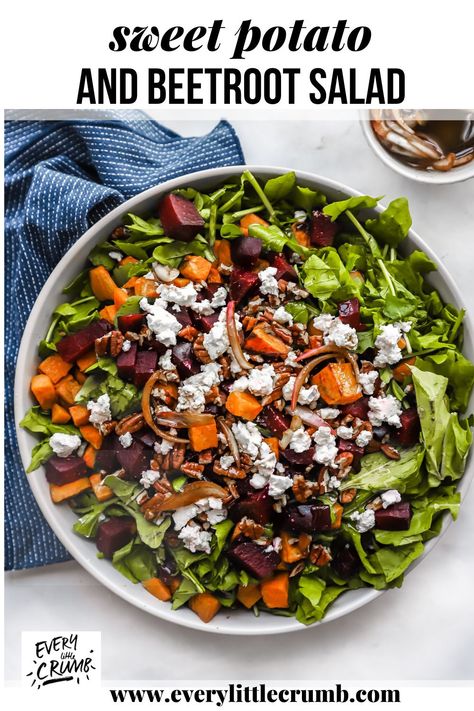 Roasted beetroot and roasted sweet potato salad with arugula, feta cheese and the best homemade balsamic dressing. Absolutely delicious, this easy salad is healthy, vibrant and a total STAR! #beetroot #sweetpotato #arugula #dressing #salad #easy #healthy #vegetarian Homemade Balsamic Dressing, Sweet Potato Salad Recipe, Sweet Potato Salad, Cubed Sweet Potatoes, Beetroot Salad, Walnut Salad, Salad With Sweet Potato, Feta Salad, Arugula Salad