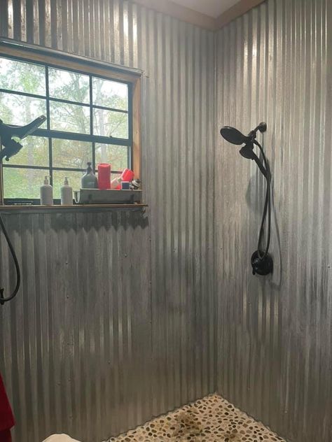 Tin On Walls Ideas Bathroom, Corrugated Metal Shower Walls, Tin Bathroom Ideas, Metal Shower Walls, Tin Shower Walls, Mabati House, Corrugated Metal Shower, Tin Bathroom, Sheet Metal Wall