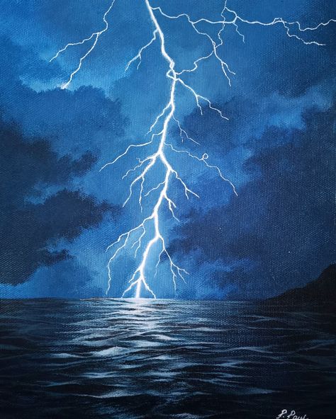 Weather Painting Art, Dark Blue Painting Ideas Easy, Paint Inspiration Acrylic, Thunderstorm Painting Easy, Easy Lightning Painting, Landscape Paintings Easy Acrylic, Paintinting Ideas Acrylic, Simple Water Painting Ideas, Lightning Painting Ideas