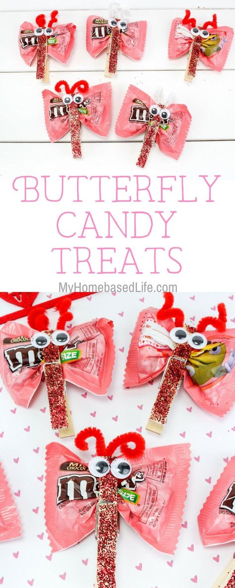 A great DIY for kids that they can take to school and share with classmates or perfect for a party snack as well. #partyideas  #birthdayparty #butterfly #myhomebasedlife | Valentine Easy Crafts, Love Bugs Craft, Butterfly Treats, Bugs Craft, Simple Crafts For Kids, Valentines Candy, Easy Valentine Crafts, Crafts Love, Bug Crafts