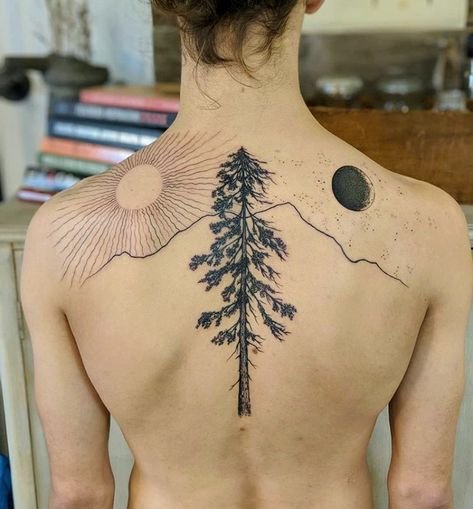 Tree Tattoo Shoulder, Maple Tree Tattoos, Tree Tattoo Back, Tree Tattoo Men, Tattoo Tree, Private Tattoos, Sun And Moon Tattoo, Pine Tree Tattoo, Tattoo Shoulder