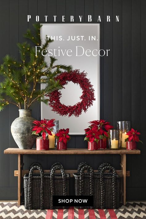 Be the first to shop this season’s must-haves. 🔔 Catch them while you can! Christmas Console Decor, Hallway Christmas Decor, Hallway Christmas, Console Decor, Christmas Decor Red, Reclaimed Wood Console Table, Pottery Barn Christmas, Entryway Inspiration, Rectangular Baskets