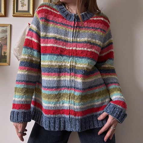 Cozy striped knit cardigan *ೃ༄ Chunky knit zip up... - Depop Striped Knitted Cardigan, Knit Zip Up Sweater Pattern, Striped Cardigan Knitting Pattern, Crochet Striped Cardigan, Cardigan Aesthetic, Granola Fits, Knit Zip Up Sweater, 2020s Fashion, Digital Wardrobe