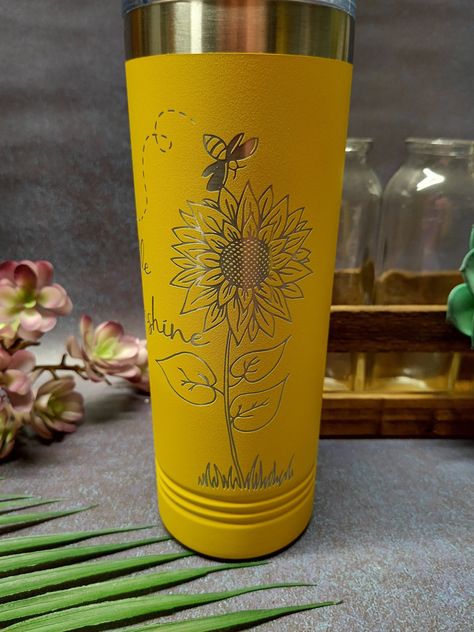 Engraved Little Sunshine Sunflower Themed Tumbler, Personalized Stainless Steel Tumbler. Double walled Engraved Polar Camel 22oz Tumbler. Keeps cold drinks cold, hot drinks hot for hours and is Dishwasher safe.  This is an Engraved Tumbler so there is no vinyl to peel off and will still be dishwasher safe after engraving. If you would like a name on the tumbler, Just enter it in the personalization box. Note that the Name you enter in the personalized section will be copied and pasted so please make sure that there are no mistakes. If you would like a different style, brand of tumbler message me for options and prices. Engraved Yeti Tumbler, Bee Tumbler, Engraved Yeti, Honey Pie, Yeti Tumbler, Engraved Tumbler, Bee Mine, Tumbler Personalized, Craft Day