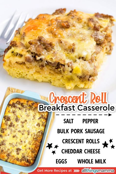 This easy crescent roll breakfast casserole has a soft, puffy crescent roll crust, topped with a layer of cheesy eggs and sausage. Customize it with your favorite add-ins and toppings for a perfect brunch recipe! Breakfast Casserole With Crispy Crowns, Sausage Crescent Bake, Sausage Breakfast Casserole With Croissant, Breakfast Casserole Crescent Roll Crust, Sausage Egg Crescent Roll Breakfast Casserole, Pillsbury Egg Bake Breakfast Casserole, Breakfast Ideas Crescent Rolls Eggs, Cresent Roll Breakfast Bake, Egg Sausage Cream Cheese Crescent Roll Casserole