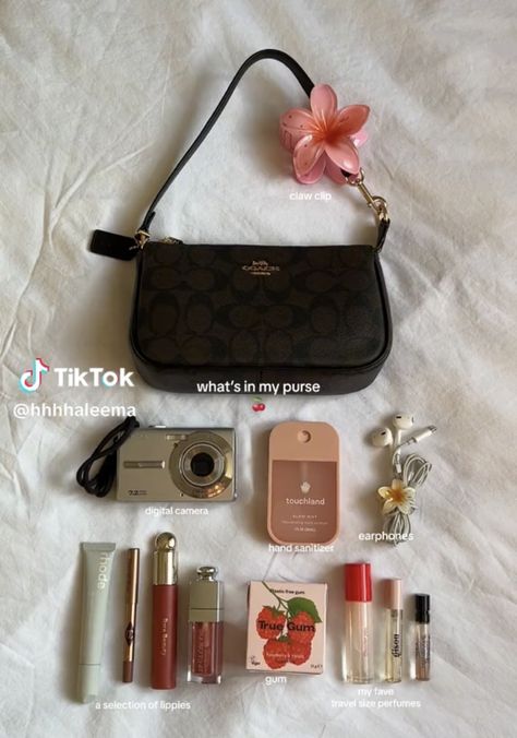 Cute Purses Aesthetic, Coach Purse Aesthetic, What’s In My Bag Aesthetic, Purse Must Haves Items, Small Purse Essentials, Bag Tour, Everyday Bag Essentials, What's In My Purse, Backpack Essentials