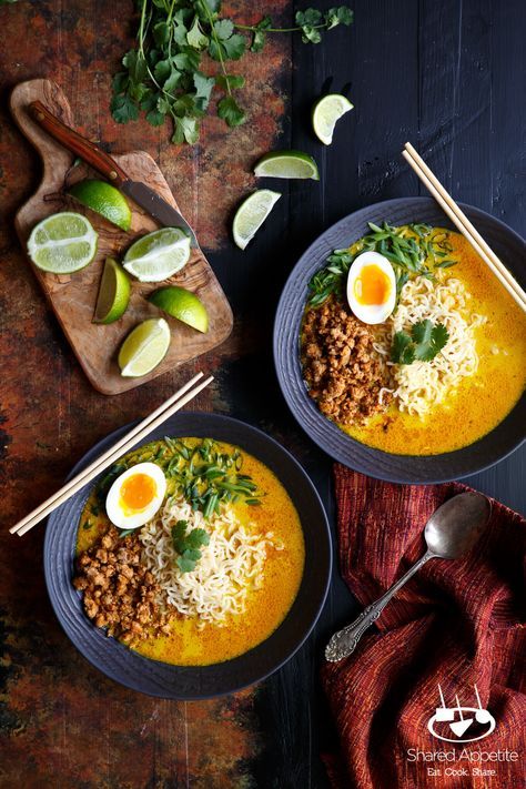 Spicy Pork Thai Coconut Curry Ramen with a Khao Soi soup base Coconut Curry Ramen, Thai Coconut Curry, Curry Ramen, Pork Ramen, Resepi Roti, Khao Soi, Soup Base, Thai Coconut, Spicy Pork