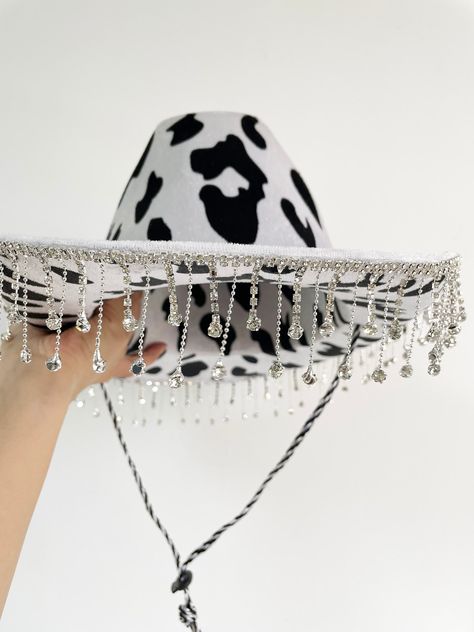 Cow Print Cowboy Hat Outfit, Cow Print Cowgirl Costume, Bachelorette Cowgirl Hat, Disco Cowgirl Costume, Cowboy Hat With Fringe, Cowboy Hats Decorated, Rhinestone Cowgirl Bachelorette, Bedazzled Cowboy Hat, Cow Print Cowgirl Hat