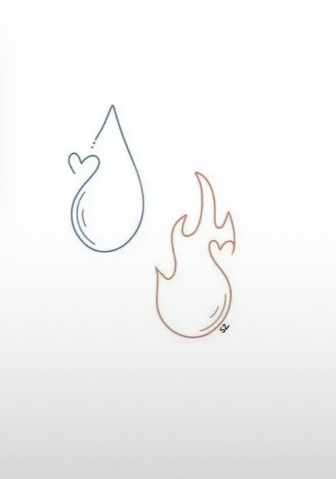 Tattoo Water And Fire, Drop Of Water Tattoo, Fire And Water Tattoo Simple, Water Fire Tattoo Ideas, Fireboy And Watergirl Tattoo, Fire And Rain Tattoo, Rain Drop Tattoo, Heart On Fire Tattoo Simple, Raindrop Tattoo