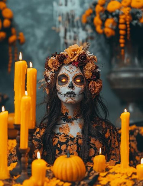 Catrina Flower Crown, Muertos Makeup, Skull And Flowers, Mexican Art Tattoos, Portrait Shoot, Creative Advertising Design, Sugar Skull Art, Halloween Day, Flower Skull