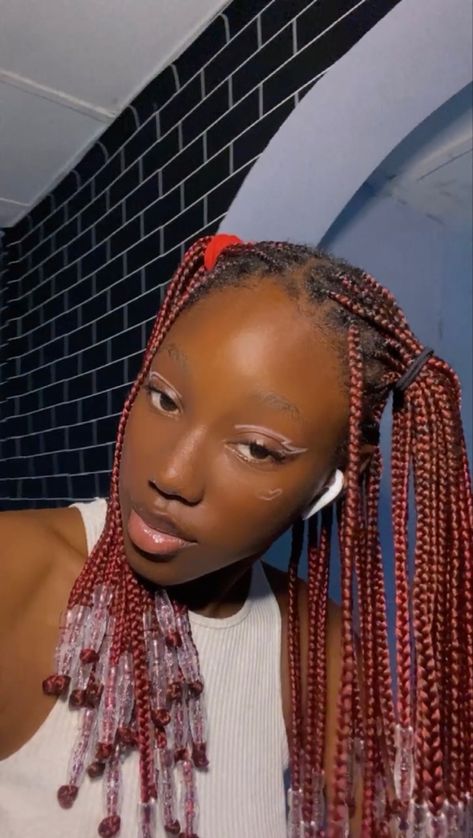 Box braids with beads graphic eyeliner Short Red Box Braids With Beads, Pigtail Box Braids, Shoulder Box Braids, Red Box Braids With Beads, Shoulder Length Box Braids With Beads, Box Braids Beads, Shoulder Length Box Braids, Pigtails Hairstyle, Beaded Braids