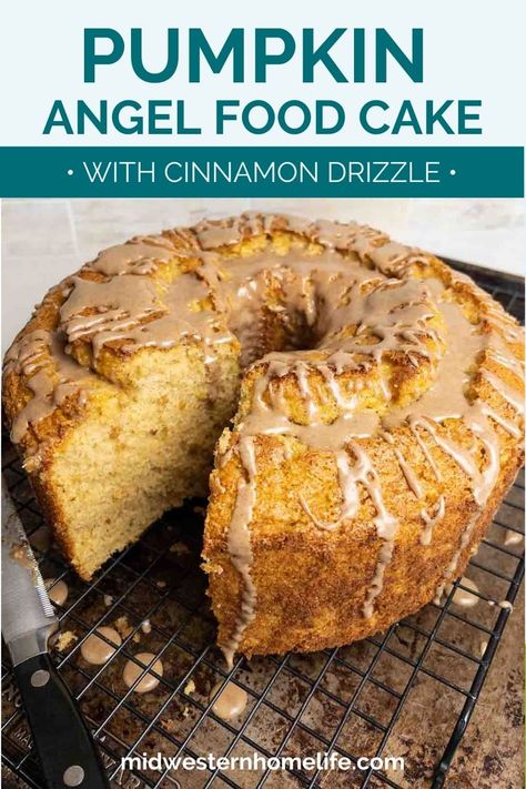 Pumpkin Angel Food Cake Recipe, Pumpkin Angel Food Cake, Cinnamon Drizzle, Puree Pumpkin, Cake Mix Recipe, Cake With Cinnamon, Cinnamon Glaze, Angel Food Cake Pan, Super Easy Desserts