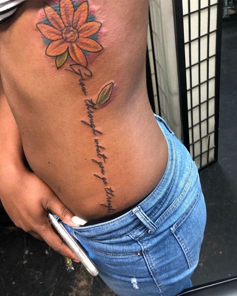 Growing Flower Tattoo, Grow Through What You Go Through Tattoo, Disney Tattoos Quotes, Girl Flower Tattoos, Girl Spine Tattoos, Baddie Tattoos, Tattoos Quotes, Body Decoration, Black Girls With Tattoos