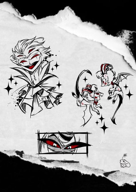 Tatoos Sketch Ideas, Alastor Hazbin Hotel Tattoo, Helluva Boss Tattoo Ideas, Stolas Tattoo, Hazbin Hotel Tattoo Ideas, Helluva Boss Tattoo, Hotel Tattoo, Boss Tattoo, Japan Tattoo Design