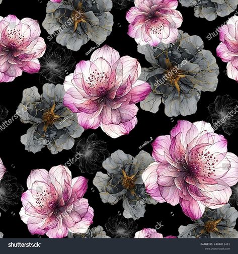 Black Pink Flowers Pattern Be Used Stock Illustration 2484011481 | Shutterstock Flower Allover Pattern, Pink Flowers Pattern, Ajrakh Prints, Printing Fabric, Digital Borders Design, Colored Flowers, Flowers Print, Leaves Pattern, Flower Clipart