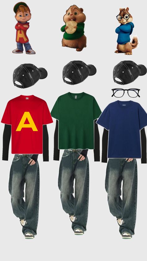 Trio Halloween costume inspo - Alvin and the chipmunks - baggy street wear jeans, red t shirt, blue t shirt green t shirt with black longsleeve undershirt and black backwards hats Alvin Und Die Chipmunks, Twin Costumes, Trio Halloween Costume, Disney Characters Costumes, 90s Halloween Costumes, Trio Costumes, Horror Halloween Costumes, Classy Halloween Costumes, Matching Halloween Costumes