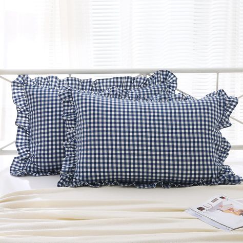 PRICES MAY VARY. 100% Washed Cotton 【Ultra Soft Cotton Fabric】100% washed handicraft. Ultra soft, durable, breathable and skin friendly. Yarn dyed fabric, no color fading. Envelope closure. 【Color & Size】Navy blue and white plaid gingham buffalo checkered color, 20x36 inches king size pillow cover, good for 20"x36" king size bed pillow inserts【Only 2pcs pillow covers,no insert】 【Classic Navy Blue/White Plaid Design】Farmhouse classic navy blue and white plaid design with single layer ruffles, the Farmhouse Decorative Pillows, King Size Pillow Shams, Ruffle Pillow, Plaid Pillow Covers, King Size Pillows, Plaid Pillow, Kids Bedding Sets, Ruffles Fashion, Stylish Beds