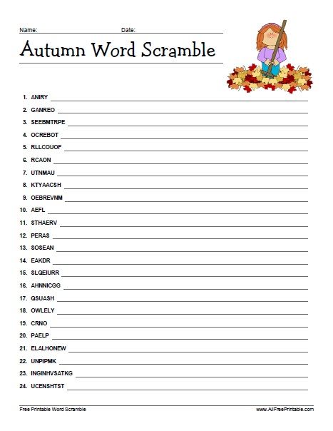 Free Printable Autumn Word Scramble Word Unscramble, Christmas Worksheet, Word Puzzles For Kids, Puzzle Printable, Autumn Puzzle, Printable Crossword Puzzles, Fall Worksheets, Unscramble Words, Back To School Worksheets