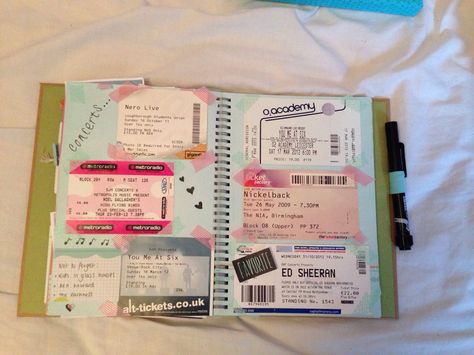 concerts smashbook page Concert Memory Book, Concert Ticket Art, Ticket Scrapbook, Journaling 2024, Concert Scrapbook, Smash Book Inspiration, Scrapbook Challenges, Creating Keepsakes, Travel Journal Scrapbook