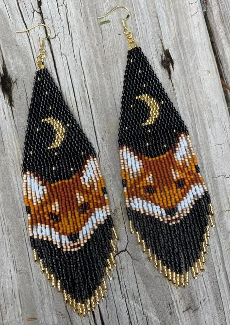 Fox Earrings, Golden Moon, Beaded Earrings Diy, Brick Stitch Earrings, Fox Print, Beaded Earrings Patterns, Earrings Inspiration, Moon And Stars, Black Earrings