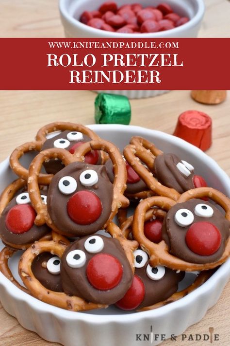 Rolo Pretzel Reindeer • www.knifeandpaddle.com Reindeer Brownie Pizza, Rolo Pretzel Reindeer, Pretzel Rain Deer, Rolo Christmas Pretzels, Raindeer Chow, Pretzel Reindeer, Reindeer Brownie, Rolo Pretzel, Holiday Candies