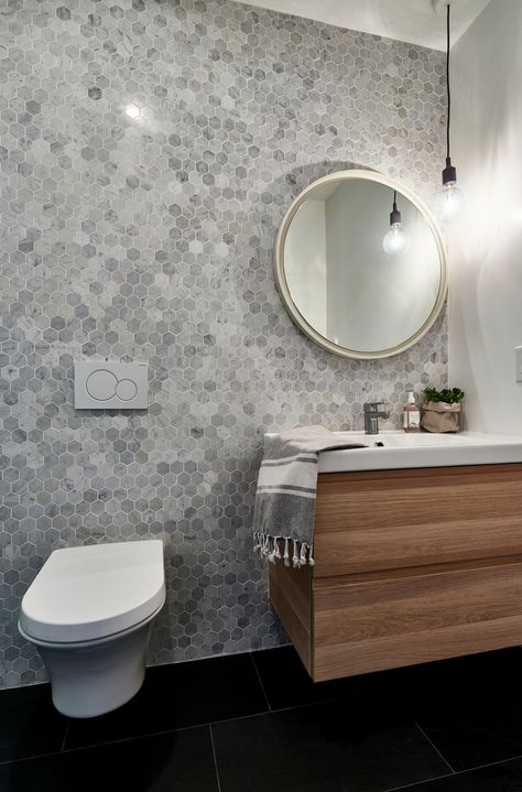 Bathroom Ikea, Tiny Powder Rooms, Tiny Powder Room, Modern Powder Rooms, Ikea Vanity, Marble Bathroom Floor, Mosaic Bathroom Tile, Tile Backsplash Bathroom, Contemporary Bathroom Designs