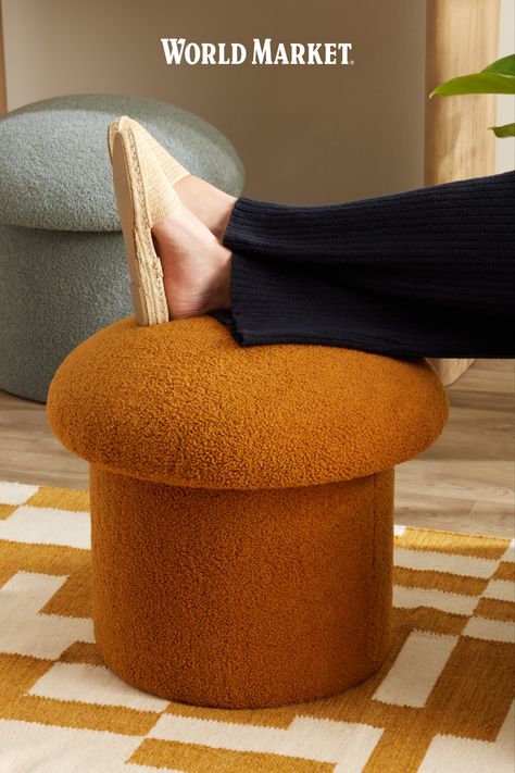 Trending Furniture Colors 2024, Pouf Ottoman Living Room Ideas, Cute Ottoman, Mushroom Ottoman, Luxury Ottoman, Mushroom Chair, Unique Living Room Furniture, Mushroom Stool, Yellow Mushroom